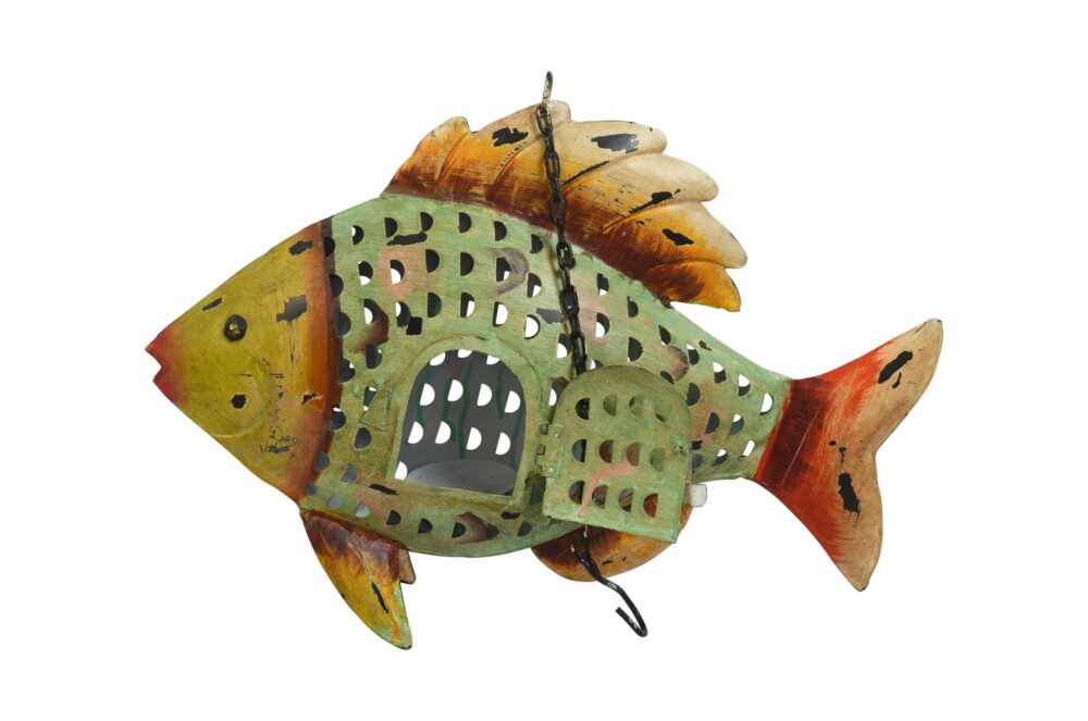 Verdigris Patina Fish Tea Light Holder - Recycled Iron Hanging Garden Lantern - Image 2
