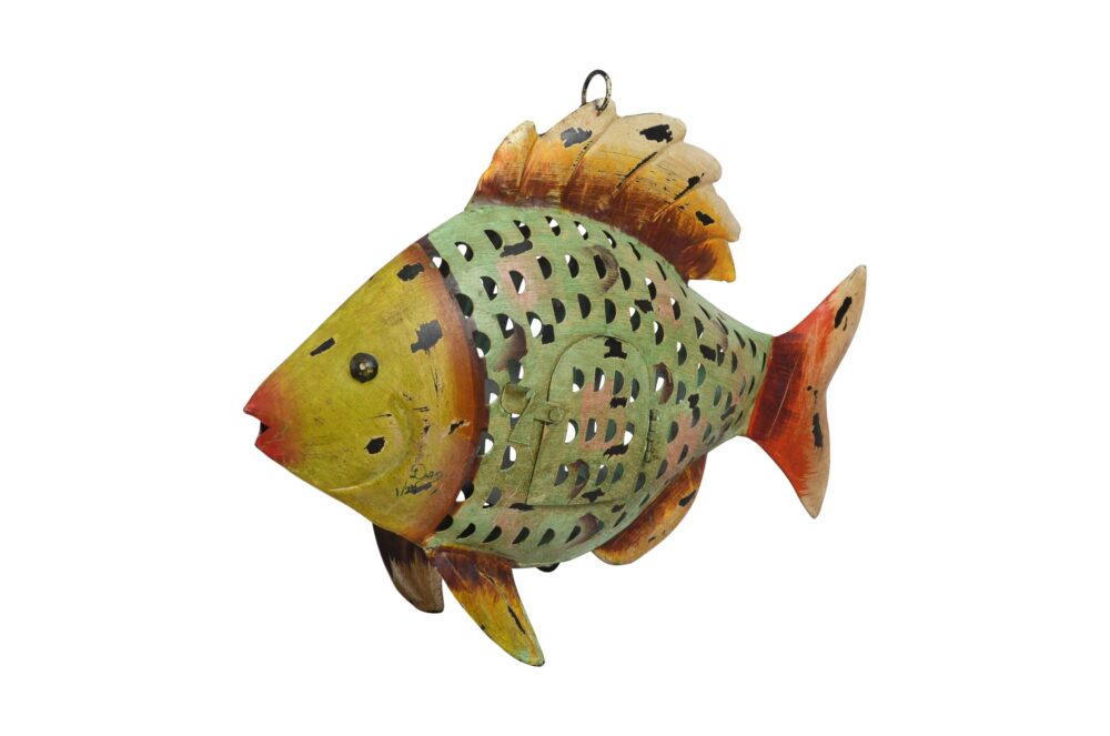 Verdigris Patina Fish Tea Light Holder - Recycled Iron Hanging Garden Lantern - Image 3