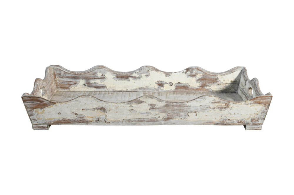 Antique Indian Large Teak Wood Serving Tray With Lime Wash Finish