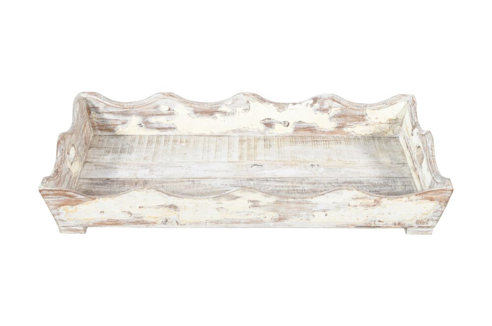 Antique Indian Large Teak Wood Serving Tray With Lime Wash Finish - Image 2