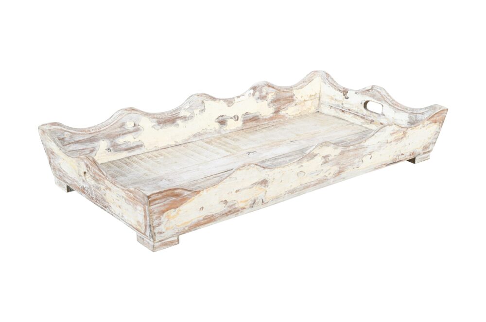 Antique Indian Large Teak Wood Serving Tray With Lime Wash Finish - Image 3