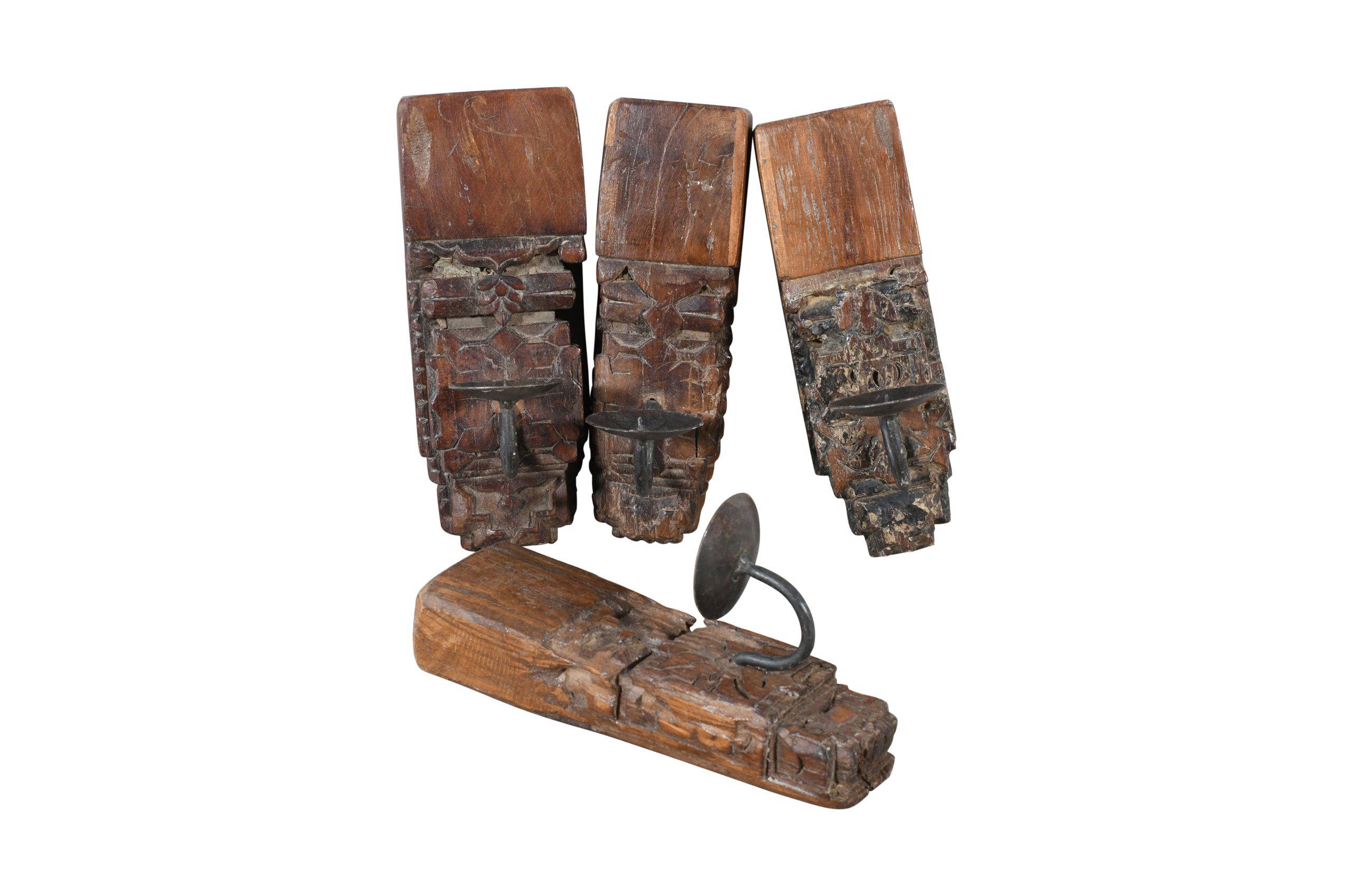 Vintage Indian Reclaimed Teak Wood Wall Mounted Candle Holders - Image 3