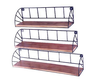 Indian Artisan Made Fairtrade Set Of 3 Acacia Wood And Iron Graduating Wall Shelves