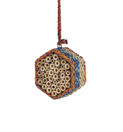 Munja And Reclaimed Sari Fabric Hanging Bee Home - Hexagon