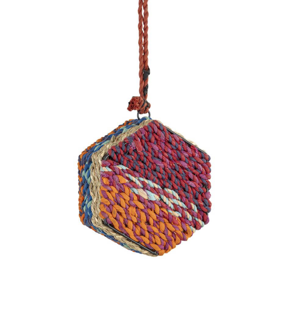 Munja And Reclaimed Sari Fabric Hanging Bee Home - Hexagon - Image 2