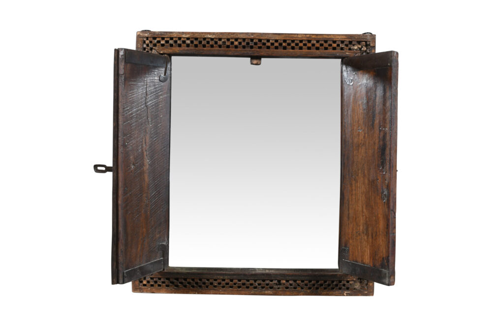 Fine Antique Indian Teak Wood Shutter Window Mirror