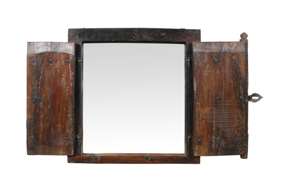 Fine Antique Indian Teak Wood Shutter Window Mirror