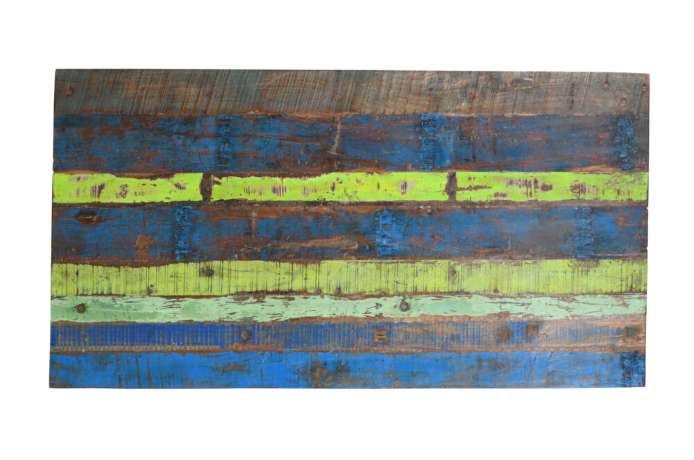 Reclaimed Indian Painted Teak Wood Trestle Table And Top, Supported By A Solid Blacksmith Made Heavyweight Trestle Pair