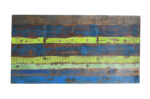 Reclaimed Indian Painted Teak Wood Trestle Table And Top, Supported By A Solid Blacksmith Made Heavyweight Trestle Pair