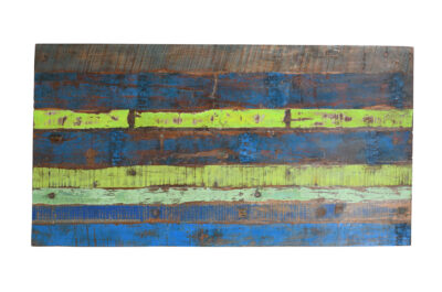 Reclaimed Indian Painted Teak Wood Trestle Table And Top, Supported By A Solid Blacksmith Made Heavyweight Trestle Pair