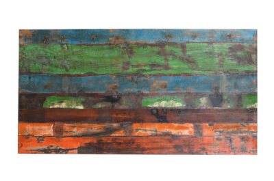 Reclaimed Indian Painted Teak Wood Trestle Table And Top, Supported By A Solid Blacksmith Made Heavyweight Trestle Pair