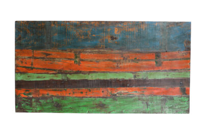 Reclaimed Indian Painted Teak Wood Trestle Table And Top, Supported By A Solid Blacksmith Made Heavyweight Trestle Pair