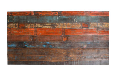 Reclaimed Indian Painted Teak Wood Trestle Table And Top, Supported By A Solid Blacksmith Made Heavyweight Trestle Pair
