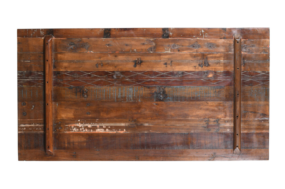 Reclaimed Indian Painted Teak Wood Trestle Table And Top, Supported By A Solid Blacksmith Made Heavyweight Trestle Pair - Image 2