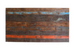 Reclaimed Indian Painted Teak Wood Trestle Table And Top, Supported By A Solid Blacksmith Made Heavyweight Trestle Pair