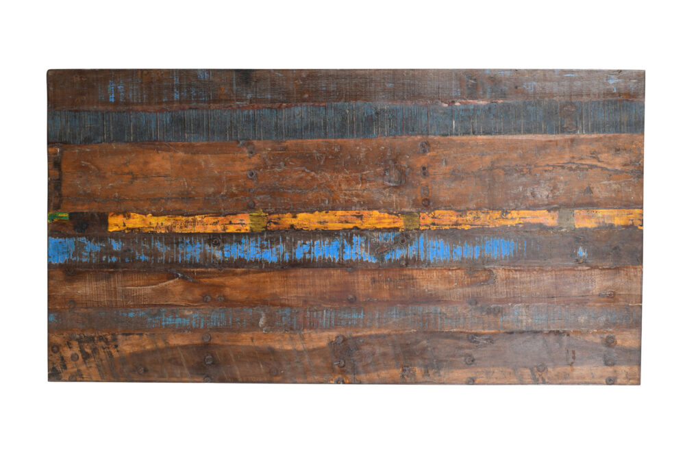 Reclaimed Indian Painted Teak Wood Trestle Table And Top, Supported By A Solid Blacksmith Made Heavyweight Trestle Pair