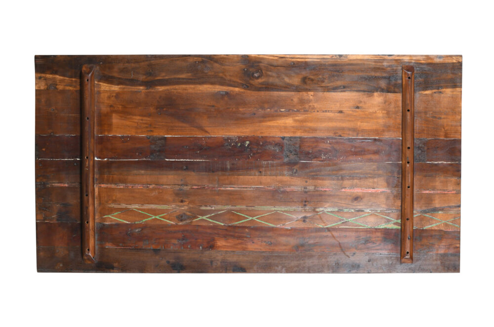 Reclaimed Indian Painted Teak Wood Trestle Table And Top, Supported By A Solid Blacksmith Made Heavyweight Trestle Pair - Image 2