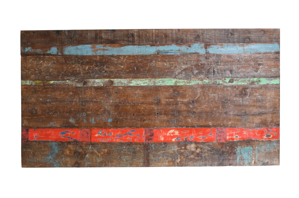 Reclaimed Indian Painted Teak Wood Trestle Table And Top, Supported By A Solid Blacksmith Made Heavyweight Trestle Pair