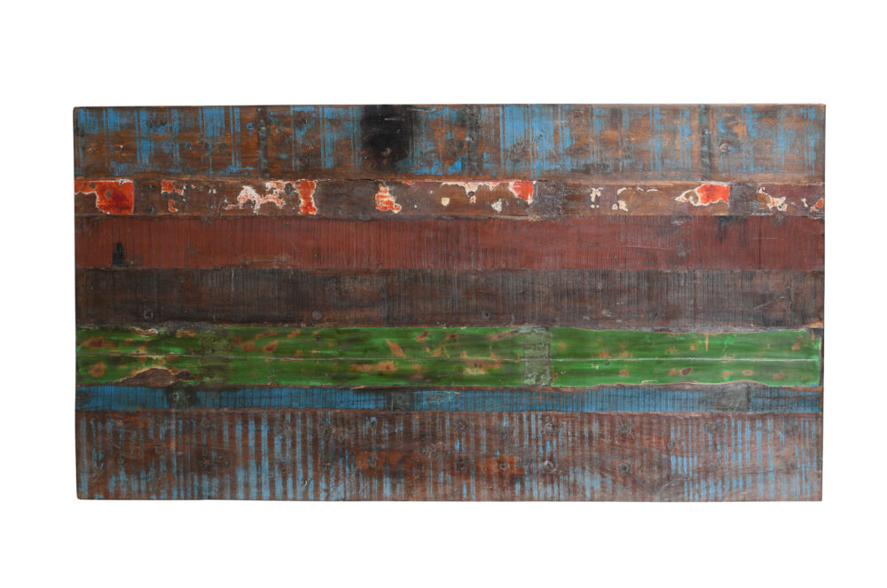 Reclaimed Indian Painted Teak Wood Trestle Table And Top, Supported By A Solid Blacksmith Made Heavyweight Trestle Pair