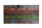 Reclaimed Indian Painted Teak Wood Trestle Table And Top, Supported By A Solid Blacksmith Made Heavyweight Trestle Pair