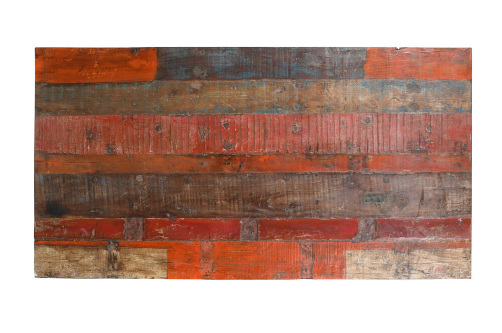 Reclaimed Indian Painted Teak Wood Trestle Table And Top, Supported By A Solid Blacksmith Made Heavyweight Trestle Pair