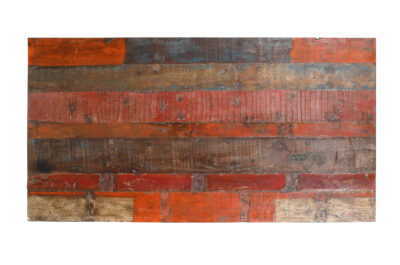 Reclaimed Indian Painted Teak Wood Trestle Table And Top, Supported By A Solid Blacksmith Made Heavyweight Trestle Pair