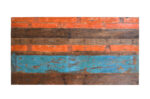Reclaimed Indian Painted Teak Wood Trestle Table And Top, Supported By A Solid Blacksmith Made Heavyweight Trestle Pair
