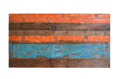Reclaimed Indian Painted Teak Wood Trestle Table And Top, Supported By A Solid Blacksmith Made Heavyweight Trestle Pair