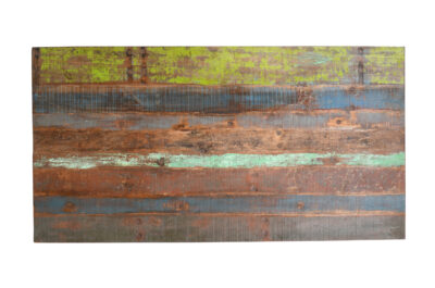 Reclaimed Indian Painted Teak Wood Trestle Table And Top, Supported By A Solid Blacksmith Made Heavyweight Trestle Pair