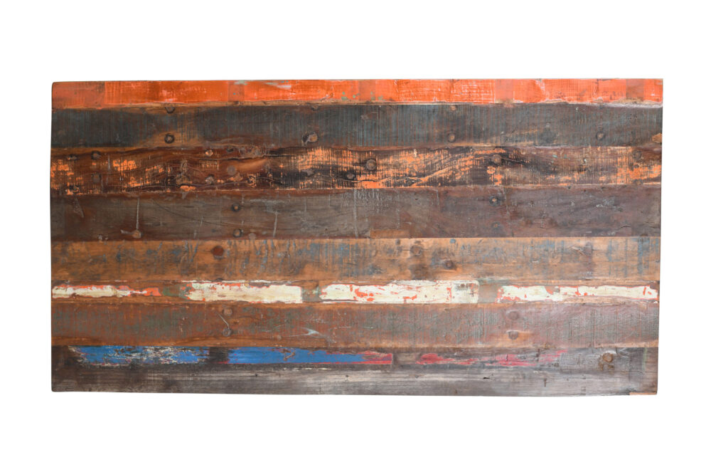 Reclaimed Indian Painted Teak Wood Trestle Table And Top, Supported By A Solid Blacksmith Made Heavyweight Trestle Pair