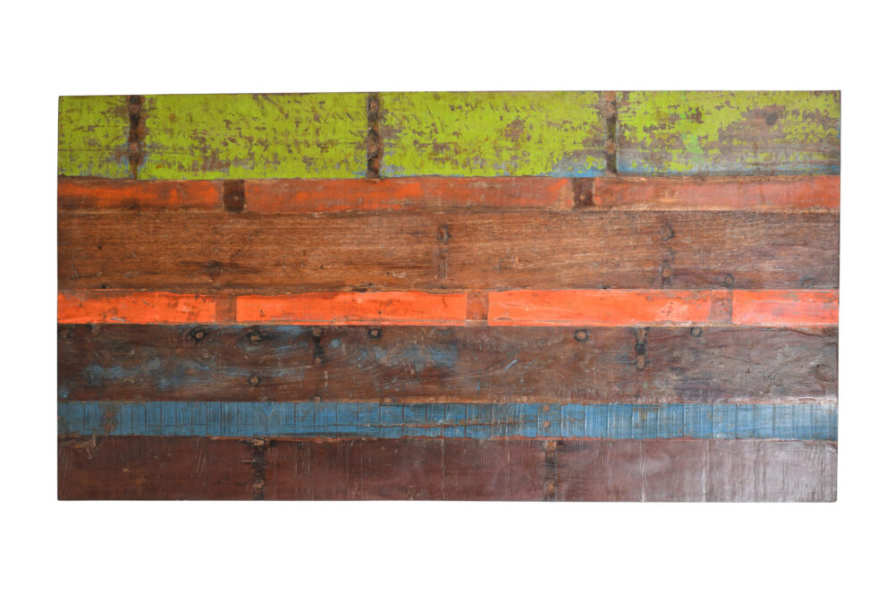 Reclaimed Indian Painted Teak Wood Trestle Table And Top, Supported By A Solid Blacksmith Made Heavyweight Trestle Pair