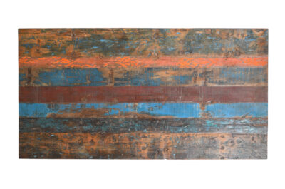 Reclaimed Indian Painted Teak Wood Trestle Table And Top, Supported By A Solid Blacksmith Made Heavyweight Trestle Pair