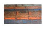 Reclaimed Indian Painted Teak Wood Trestle Table And Top, Supported By A Solid Blacksmith Made Heavyweight Trestle Pair