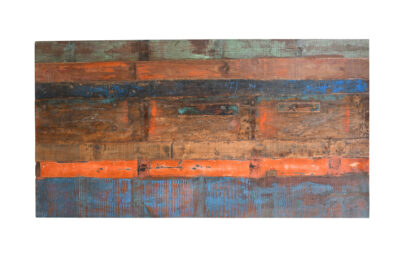 Reclaimed Indian Painted Teak Wood Trestle Table And Top, Supported By A Solid Blacksmith Made Heavyweight Trestle Pair