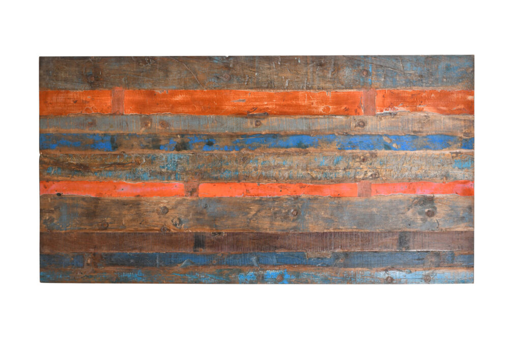 Reclaimed Indian Painted Teak Wood Trestle Table And Top, Supported By A Solid Blacksmith Made Heavyweight Trestle Pair