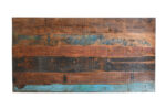 Reclaimed Indian Painted Teak Wood Trestle Table And Top, Supported By A Solid Blacksmith Made Heavyweight Trestle Pair