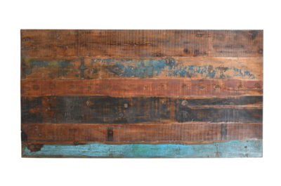 Reclaimed Indian Painted Teak Wood Trestle Table And Top, Supported By A Solid Blacksmith Made Heavyweight Trestle Pair