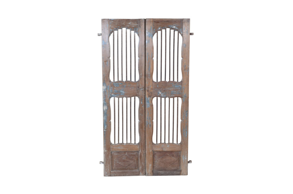 Antique Indian Painted Teak Wood Jali Door Garden Gate Pair - Image 2