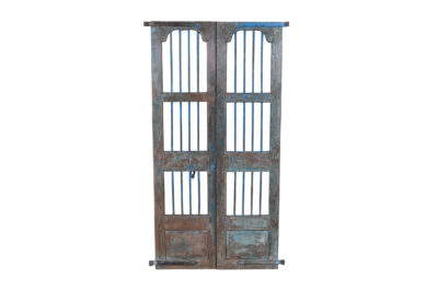 Antique Indian Painted Teak Wood Jali Door Garden Gate Pair