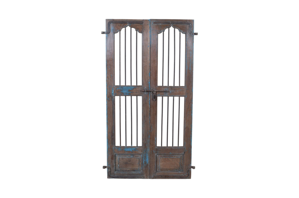Antique Indian Painted Teak Wood Jali Door Garden Gate Pair - Image 2