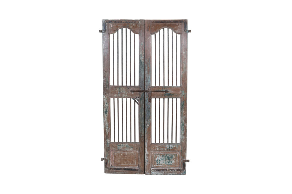 Antique Indian Painted Teak Wood Jali Door Garden Gate Pair