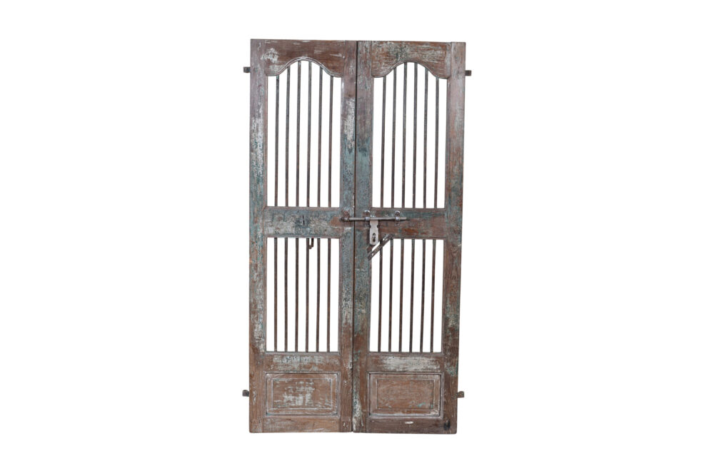 Antique Indian Painted Teak Wood Jali Door Garden Gate Pair - Image 2