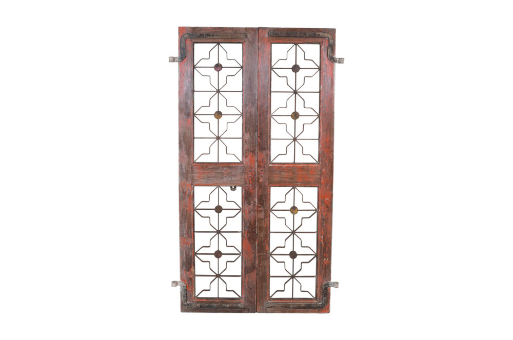 Antique Indian Painted Teak Wood Jali Door Garden Gate Pair
