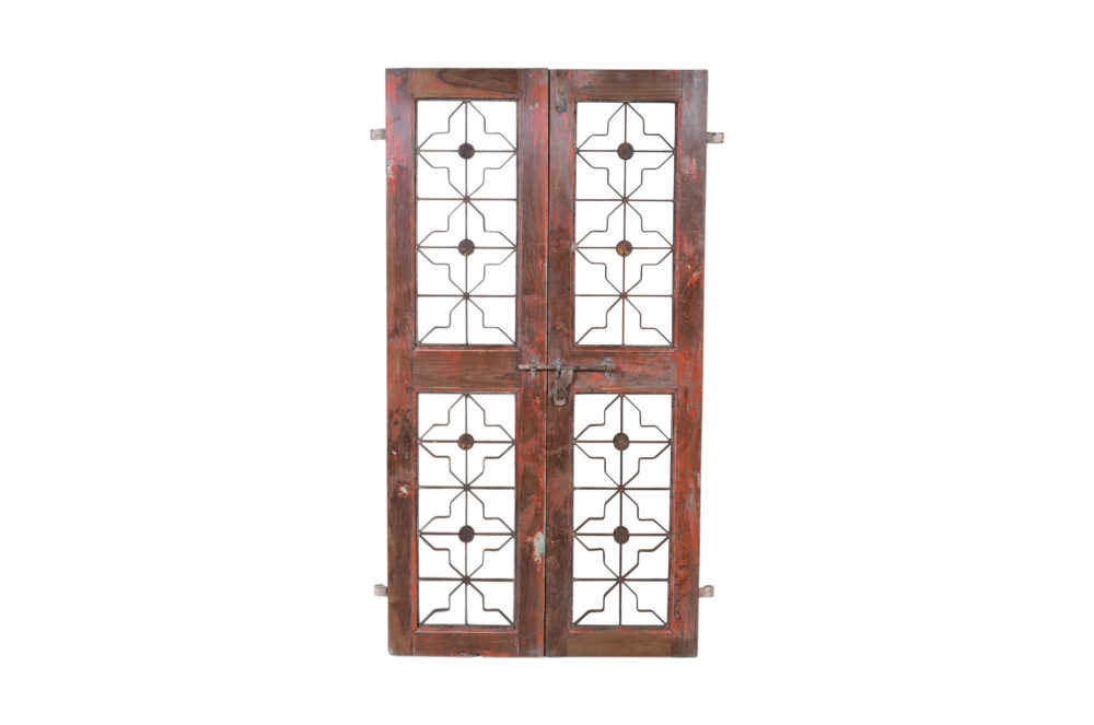 Antique Indian Painted Teak Wood Jali Door Garden Gate Pair - Image 2