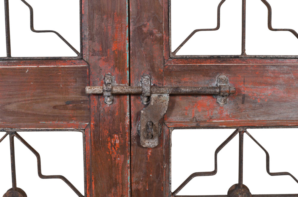 Antique Indian Painted Teak Wood Jali Door Garden Gate Pair - Image 4