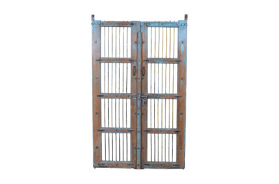 Antique Indian Painted Teak Wood Jali Door Garden Gate Pair