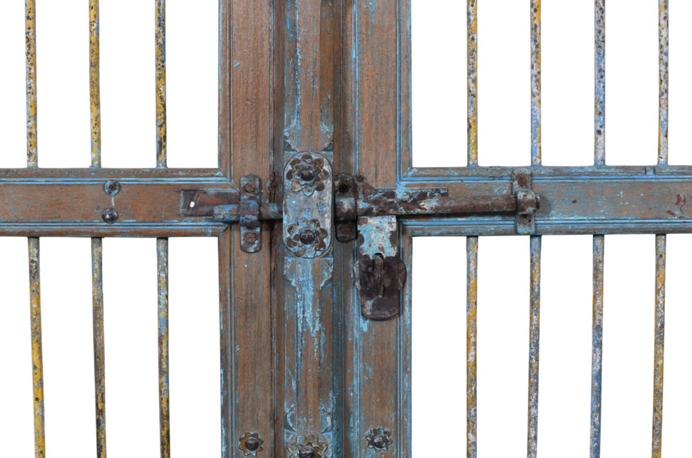 Antique Indian Painted Teak Wood Jali Door Garden Gate Pair - Image 3