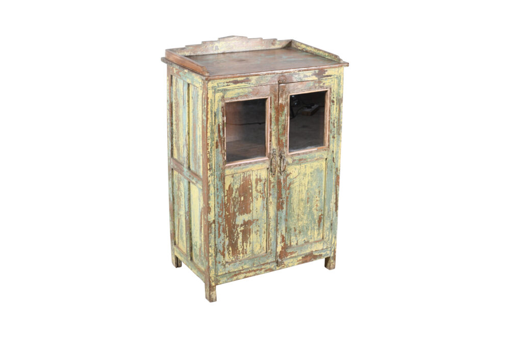 Antique Indian Painted Teak Wood Glass Almirah Display Kitchen Or Bathroom Cabinet - Image 2