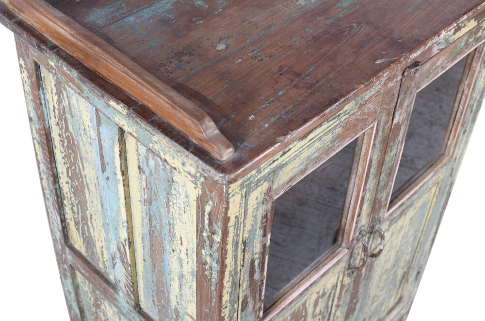 Antique Indian Painted Teak Wood Glass Almirah Display Kitchen Or Bathroom Cabinet - Image 3