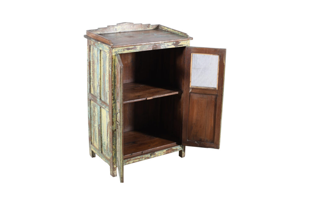 Antique Indian Painted Teak Wood Glass Almirah Display Kitchen Or Bathroom Cabinet - Image 4